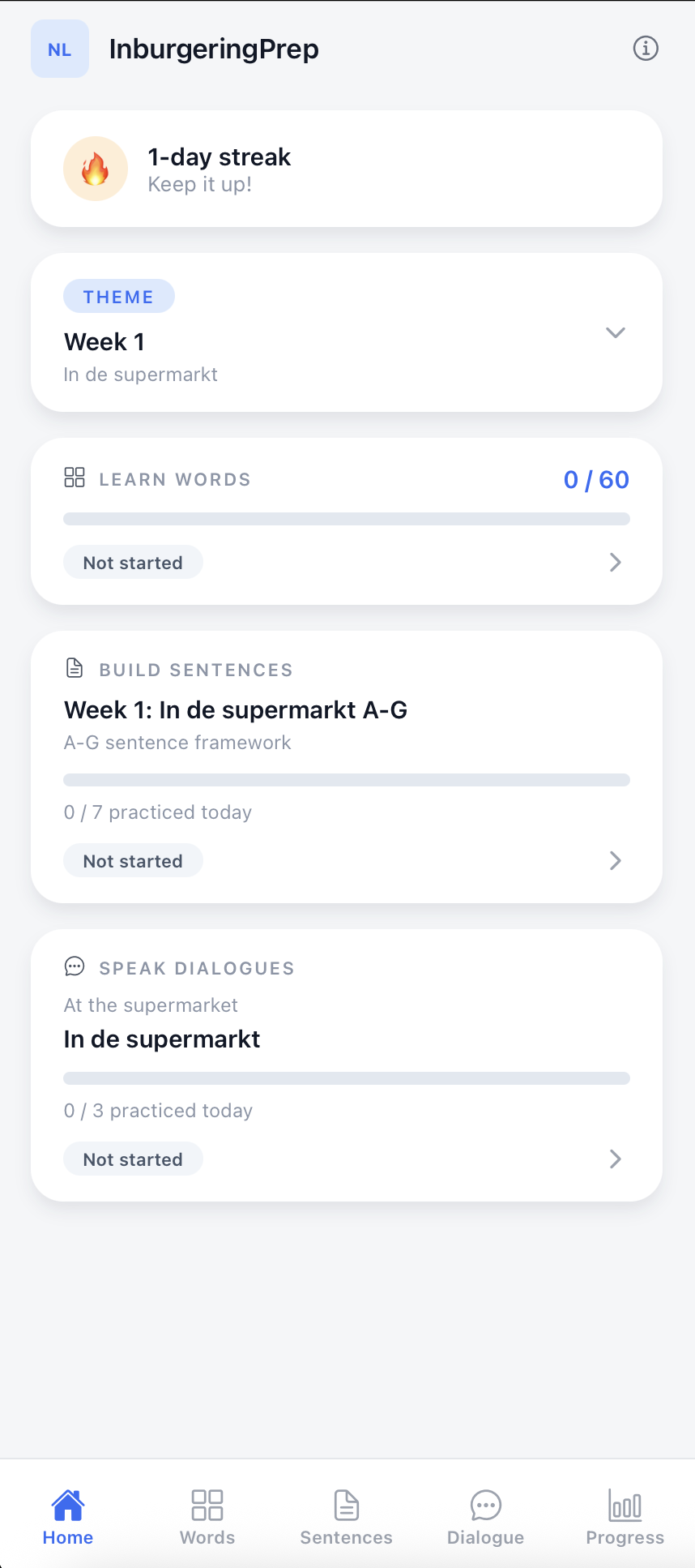 Preview of the Inburgering Prep A2 Dutch learning app home screen.